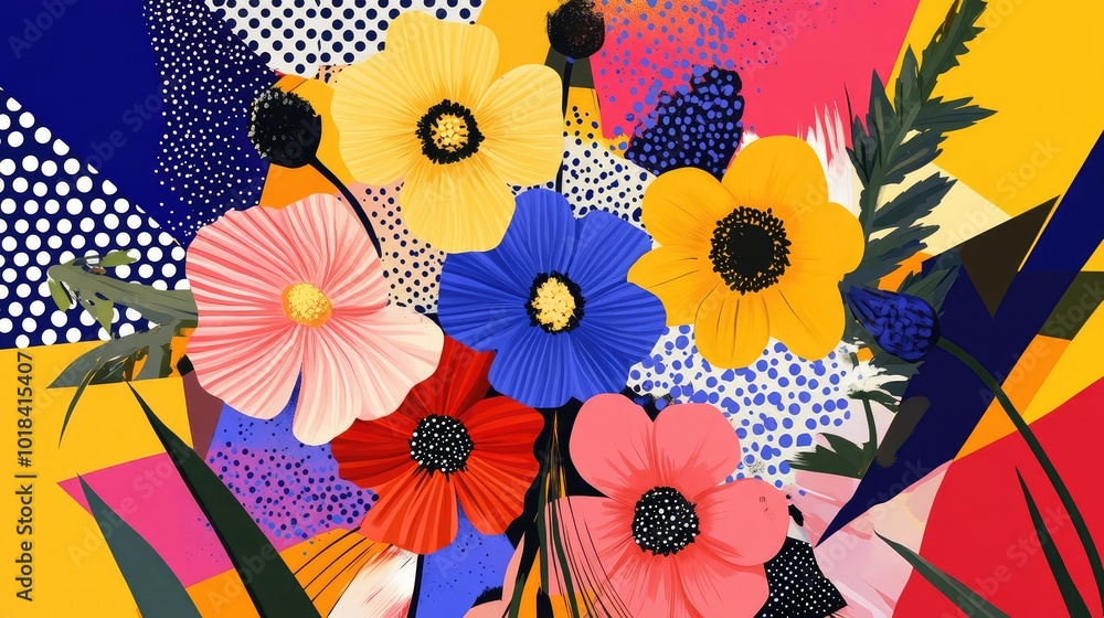Poster a collection of various flowers arranged in a circular pattern, surrounded by sharp geometric lines 