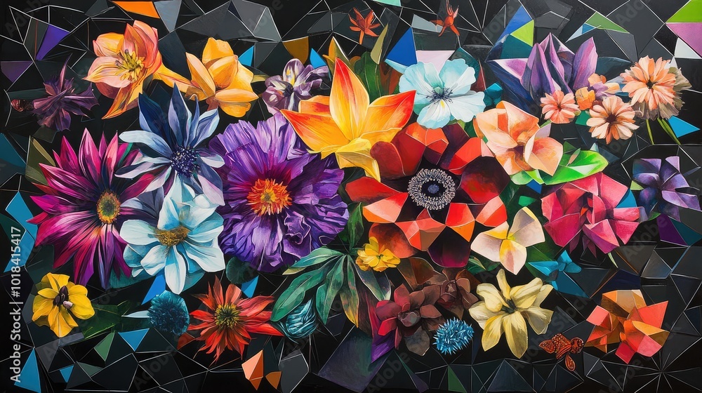 Poster a collection of various flowers arranged in a circular pattern, surrounded by sharp geometric lines 