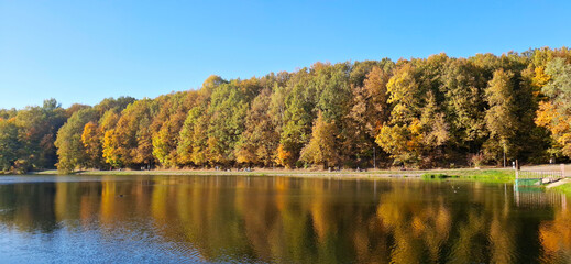 The water surface of the lake surrounded by fall trees. Panoramic picturesque landscape.