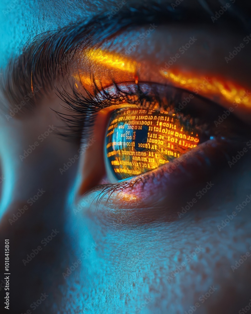 Poster fokasuart close-up of a woman's eye reflecting computer code foc 68625475-f708-4c8f-8bf5-60f5f3e4fdd