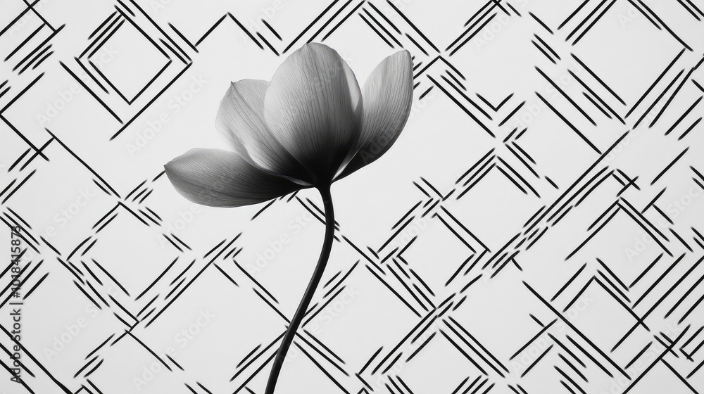 Poster a minimalist design featuring a single flower against a backdrop of repeating geometric shapes in bl
