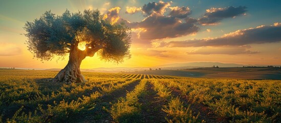 Olive Tree Surrounded By Cultivated Landscape At Sunset