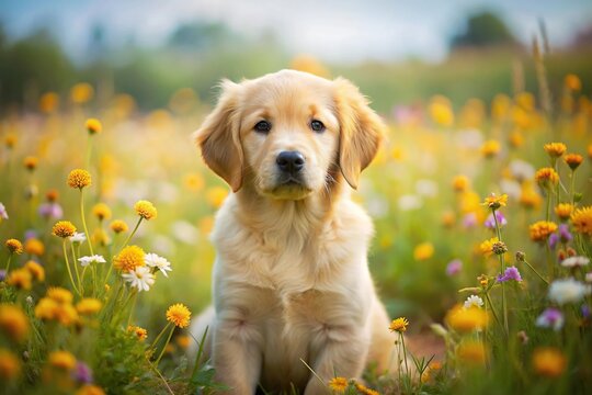 Golden Retriever puppy sitting in a field of summer flowers