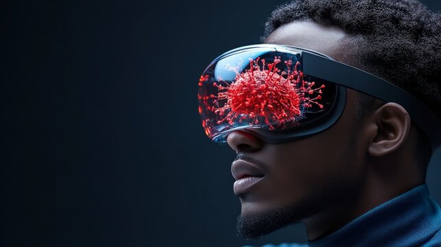 Virtual Reality:  A man wearing a VR headset with a  coronavirus model inside,  exploring the microscopic world in an immersive experience.  
