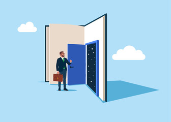 Fototapeta premium Business challenge. Businessman standing in front of a huge book with open door. Clever solution, ambition and opportunity. Flat vector illustration