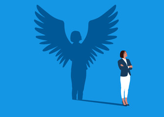 Businesswoman dreams of becoming a superhero, arms crossed casting a shadow with wings angel. Power, ambition. Flat vector illustration