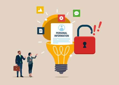 Online Information Hacking. Open lightbulb to see  with Blocked Account. Hacking and exploit results. Flat vector Illustration.