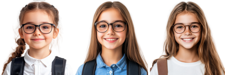 Collage of a happy child at school wearing glasses and carrying backpacks, isolated on transparent background, perfect for education and back-to-school promotions.