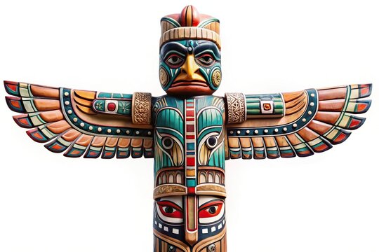 Ornate native indigenous American carved totem pole isolated on white background