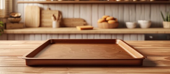 Fototapeta premium Rustic wooden tray with freshly baked pastries bread and cooking utensils arranged on a wooden table in a cozy farmhouse style kitchen interior The warm