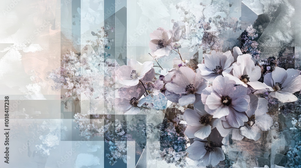 Poster a serene landscape of flowers cascading over geometric patterns, merging tranquility with modern art