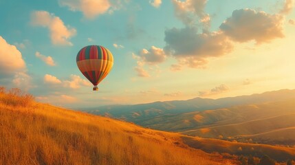 Obraz premium Hot air balloon flying in the sky with beautiful scenery banner background. AI generated images