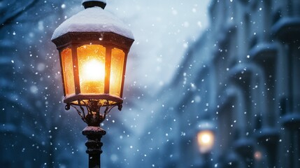 A streetlamp glowing warmly during a snowfall, with snowflakes visible in the light and a snowy background of buildings.