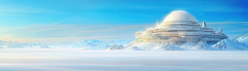 Obraz premium Imaginative Snowy Mountain Fortress, a majestic fortress hovering in a frigid Sci-Fi Winter landscape
