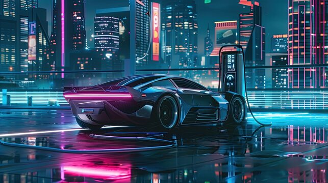 Futuristic electric car charging at a high-tech charging station in a modern cityscape