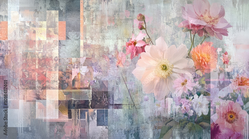 Poster a serene landscape of flowers cascading over geometric patterns, merging tranquility with modern art