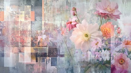 A serene landscape of flowers cascading over geometric patterns, merging tranquility with modern art design in soft colors
