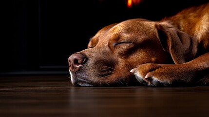 Peaceful Canine Slumber: A heartwarming image of a chocolate Labrador Retriever dog peacefully sleeping on a dark hardwood floor, eyes gently closed.