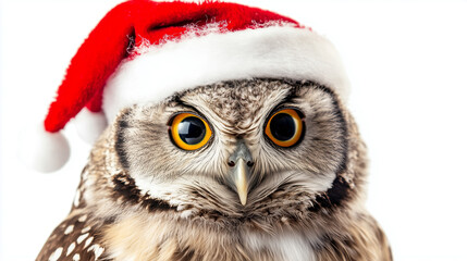 Obraz premium An owl in a red Christmas hat on a white background, looking directly at the camera with a serious expression