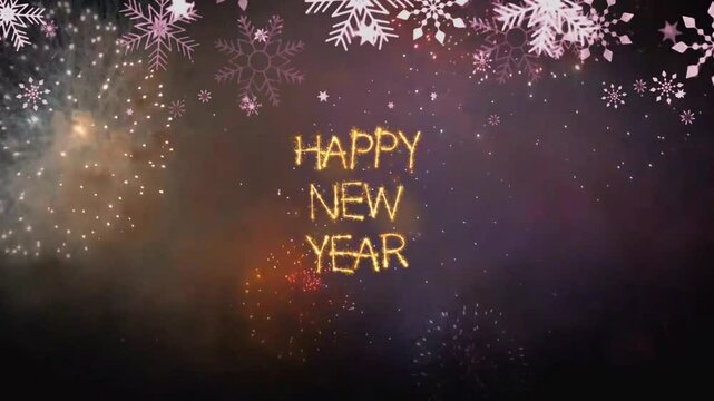Animation golden text HAPPY NEW YEAR with colorful firework background for design Christmas or new year template.