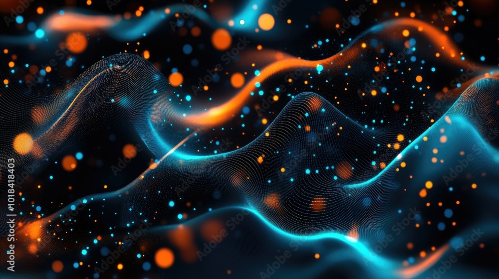 Poster dynamic data flows with glowing blue and orange dots forming a vibrant pattern on a dark wave backgr