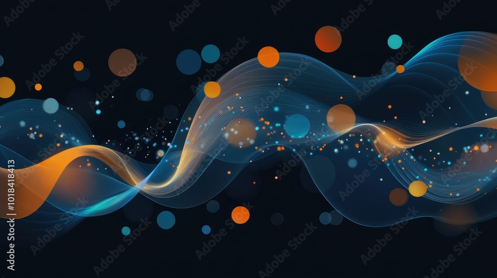 Poster dynamic data visualization with blue and orange dots on a dark wave background.