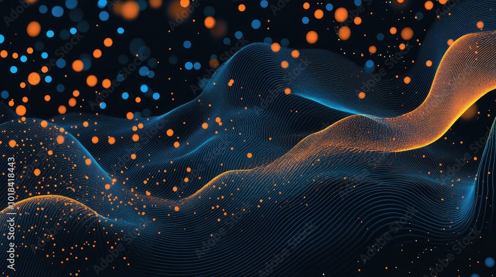 Poster dynamic data visualization with blue and orange dots on a dark wave background.