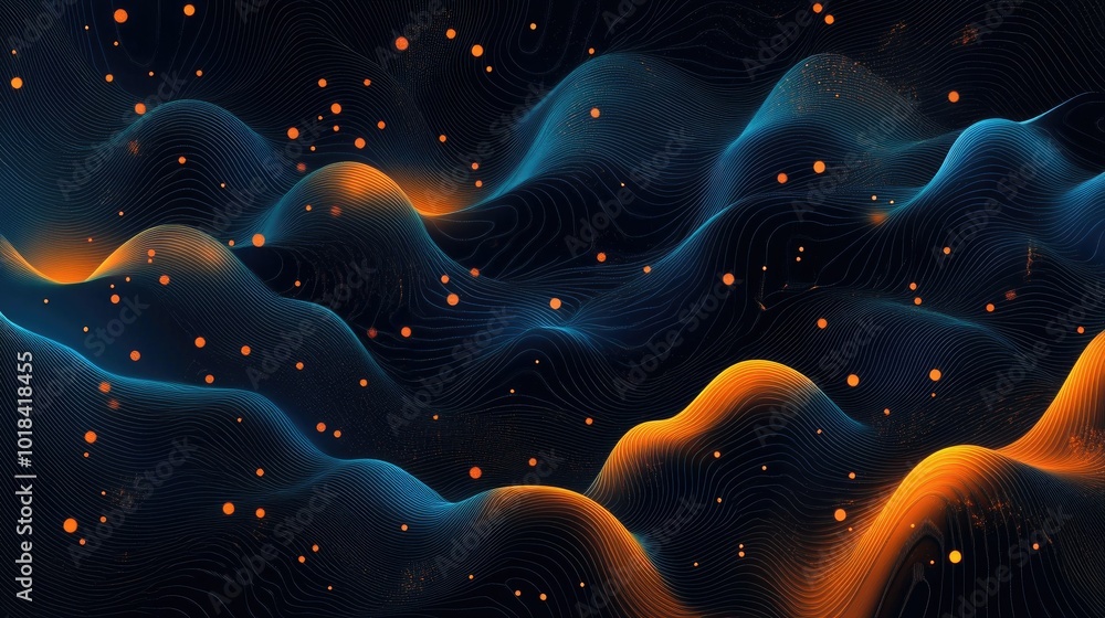 Poster dynamic data visualization with blue and orange dots on a dark wave background.