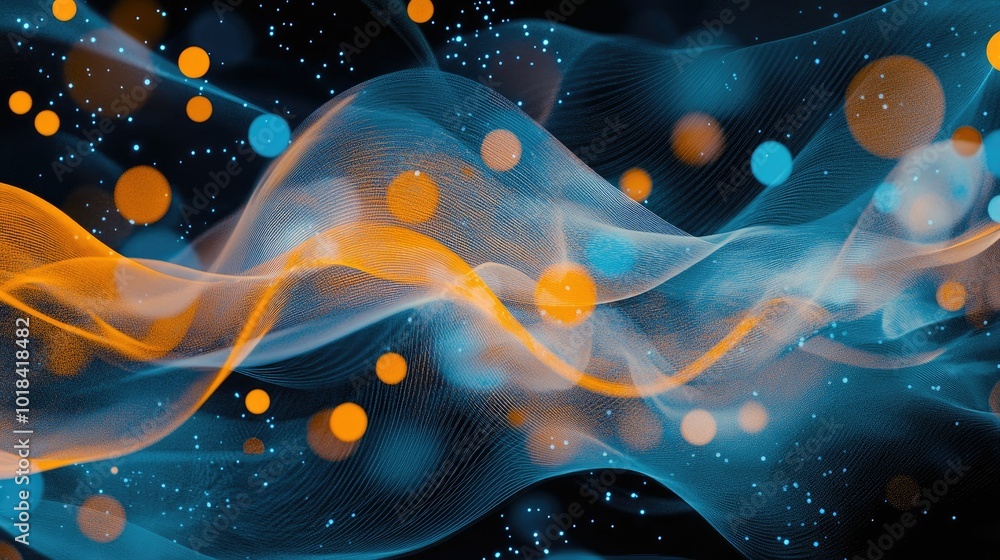Poster dynamic data visualization with blue and orange dots on a dark wave background.