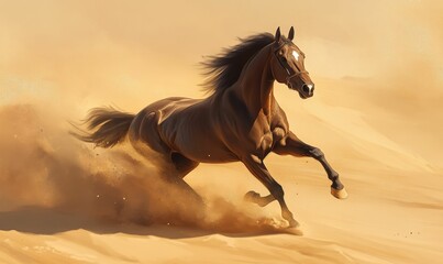 Brown horse running through desert sand.