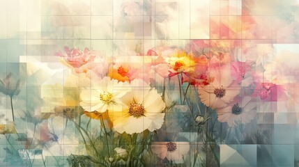 A watercolor effect of flowers combined with a geometric grid, creating a dreamy and artistic visual representation of nature