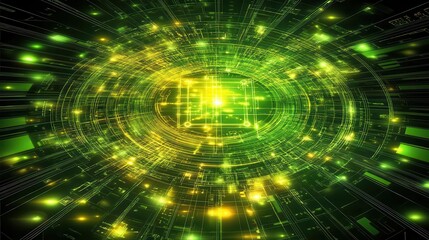 A mesmerizing swirl of green light and abstract patterns, conveying a sense of digital technology and innovation