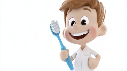 Happy dentist cartoon holding a toothbrush and smiling tooth, isolated on white