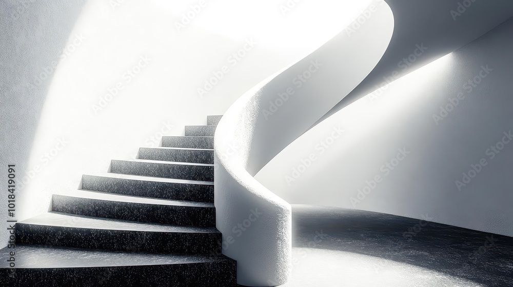 Poster black and white abstract architecture, round stairs in shadow, creating a spiral of movement.