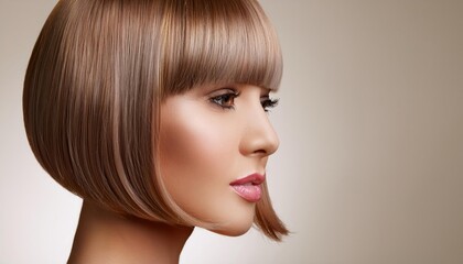 Fototapeta premium Close-up of a woman with a trendy short bob haircut, perfectly styled with sleek, shiny hair. Minimalist background, modern and fashionable look, beauty and haircare concept.