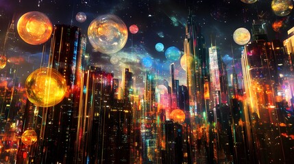 A vibrant futuristic cityscape featuring floating orbs of bright colors, illuminating the skyline and creating a whimsical atmosphere that symbolizes imaginative urban possibilities 