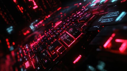 Obraz premium Fast typing on a keyboard, digital code and programming elements floating in a dark tech setting.