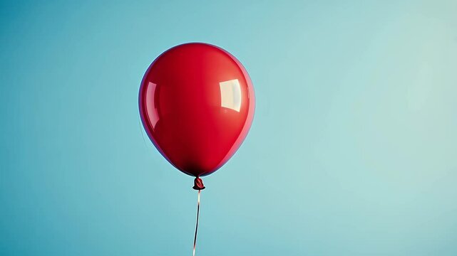 A single red balloon floats against a light blue background