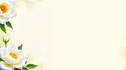 Naklejka premium Cream-colored background with floral frame of white roses and green leaves