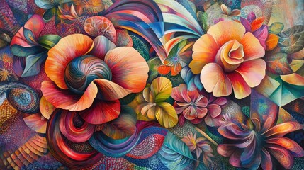 An abstract composition of flowers intertwined with colorful geometric patterns, radiating energy and creativity in every corner