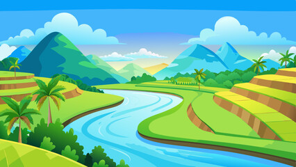 Obraz premium Vector illustration of a serene rural landscape with terraced rice fields, a winding river, and lush green mountains 