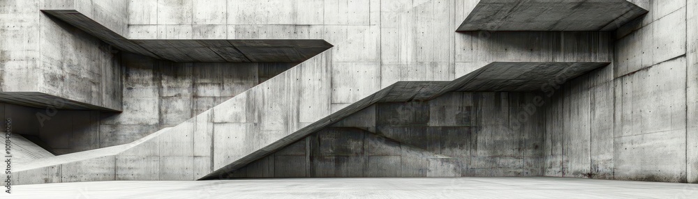 Poster an abstract geometric concrete structure, showcasing 3d renderings with sleek lines and a touch of i