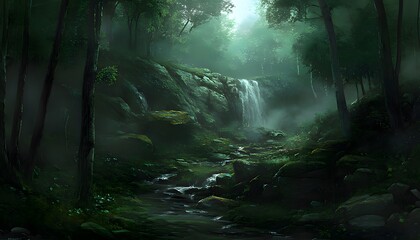 A hidden waterfall cascades down a mossy rock face, nestled deep within a lush, verdant forest