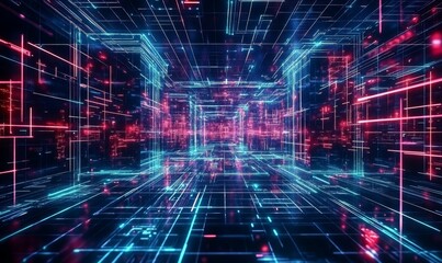 Naklejka premium Neon grid, digital network, abstract background.