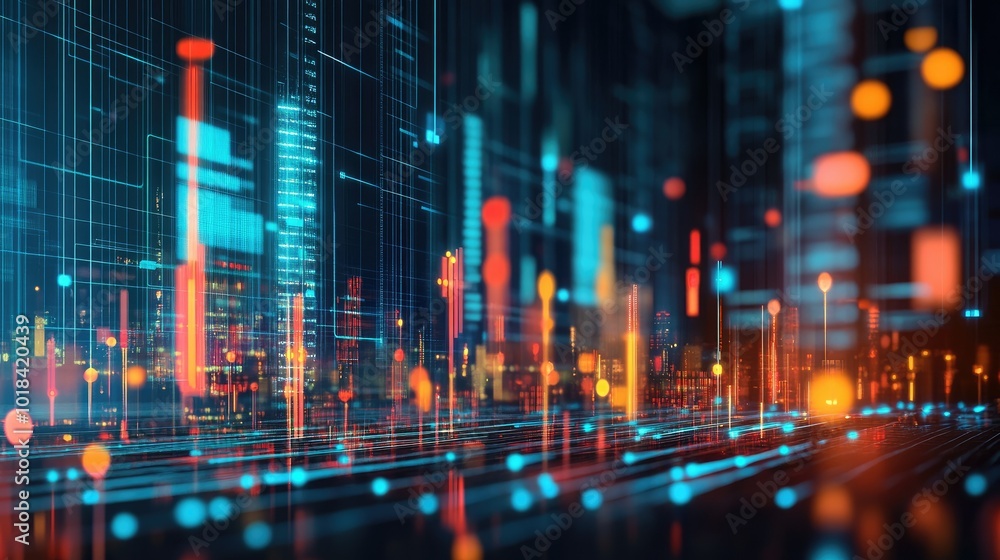 Poster glowing lights and digital bars represent a dynamic flow of information in a futuristic virtual envi