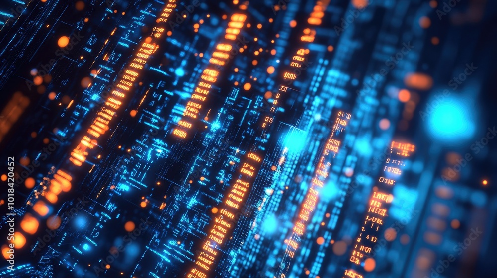 Poster glowing lights and digital bars represent a dynamic flow of information in a futuristic virtual envi