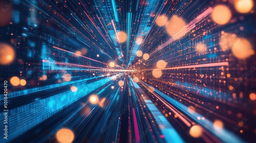 Poster glowing lights and digital bars represent a dynamic flow of information in a futuristic virtual envi