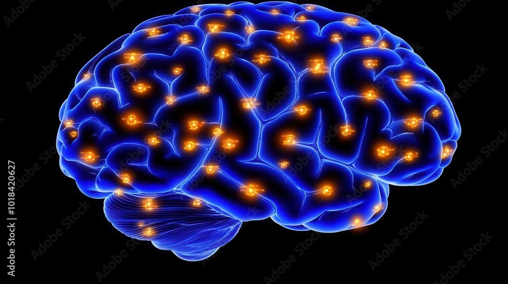Poster a vibrant, illuminated brain illustration representing neural connections and cognitive functions in