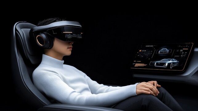 VR Drive: Immersive future of driving - A person sits in a futuristic vehicle, wearing VR headset, experiencing a simulated driving experience. This image evokes a sense of excitement and possibility.