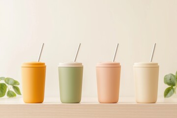 Colorful reusable cups with straws lined up on wooden table, natural background with green foliage
